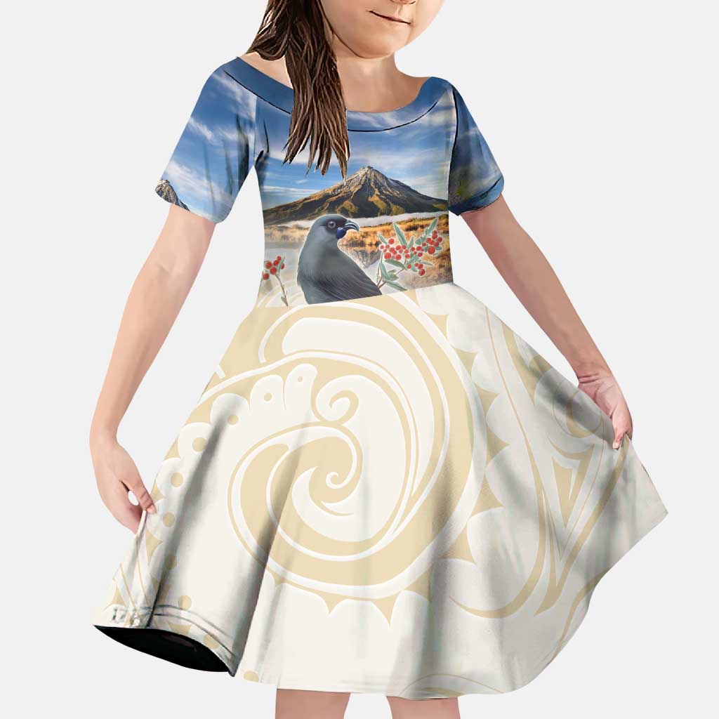 New Zealand Mount Taranaki Landscape Family Matching Puletasi and Hawaiian Shirt Kokako Bird Polynesian Style LT05 Daughter's Dress Blue - Polynesian Pride