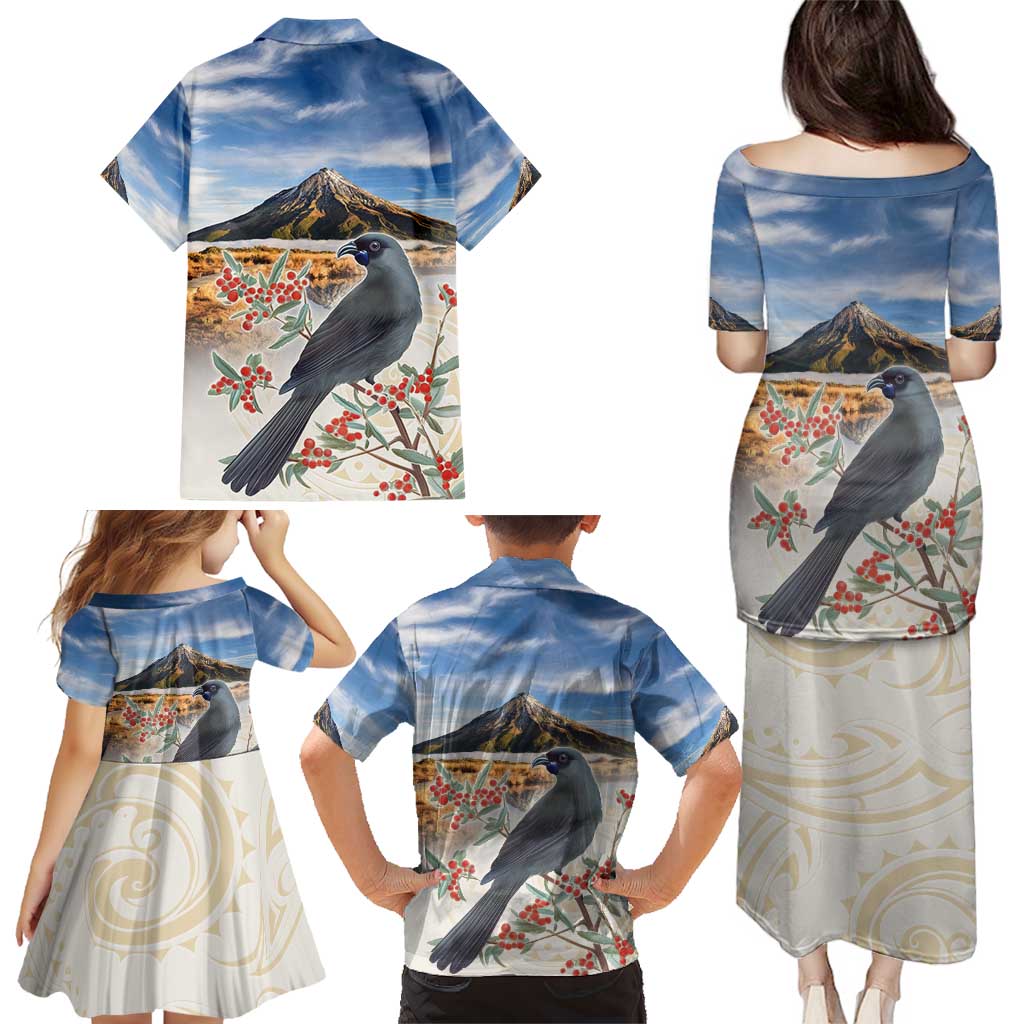 New Zealand Mount Taranaki Landscape Family Matching Puletasi and Hawaiian Shirt Kokako Bird Polynesian Style LT05 - Polynesian Pride