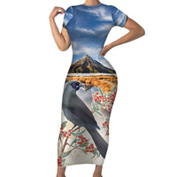 New Zealand Mount Taranaki Landscape Family Matching Short Sleeve Bodycon Dress and Hawaiian Shirt Kokako Bird Polynesian Style LT05 Mom's Dress Blue - Polynesian Pride