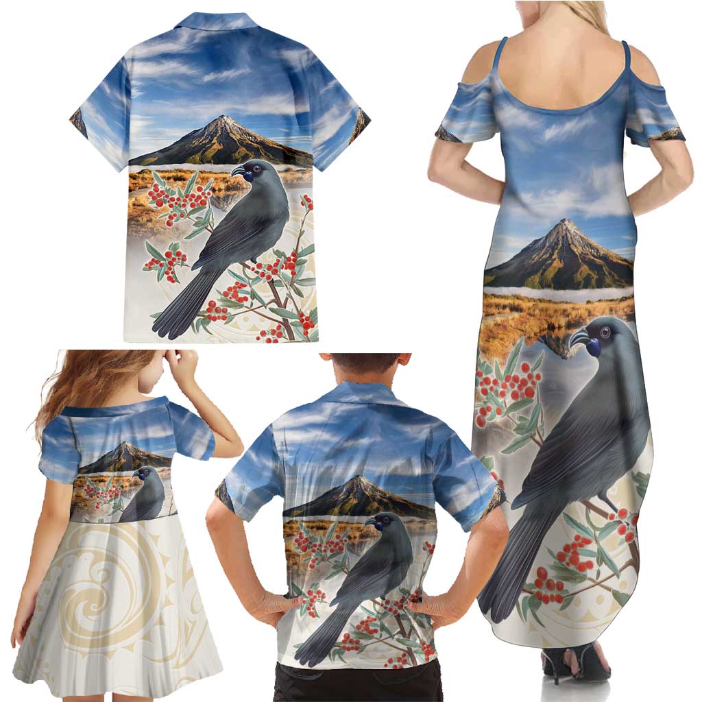 New Zealand Mount Taranaki Landscape Family Matching Summer Maxi Dress and Hawaiian Shirt Kokako Bird Polynesian Style LT05 - Polynesian Pride