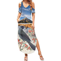 New Zealand Mount Taranaki Landscape Family Matching Summer Maxi Dress and Hawaiian Shirt Kokako Bird Polynesian Style LT05 Mom's Dress Blue - Polynesian Pride