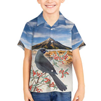 New Zealand Mount Taranaki Landscape Family Matching Summer Maxi Dress and Hawaiian Shirt Kokako Bird Polynesian Style LT05 Son's Shirt Blue - Polynesian Pride