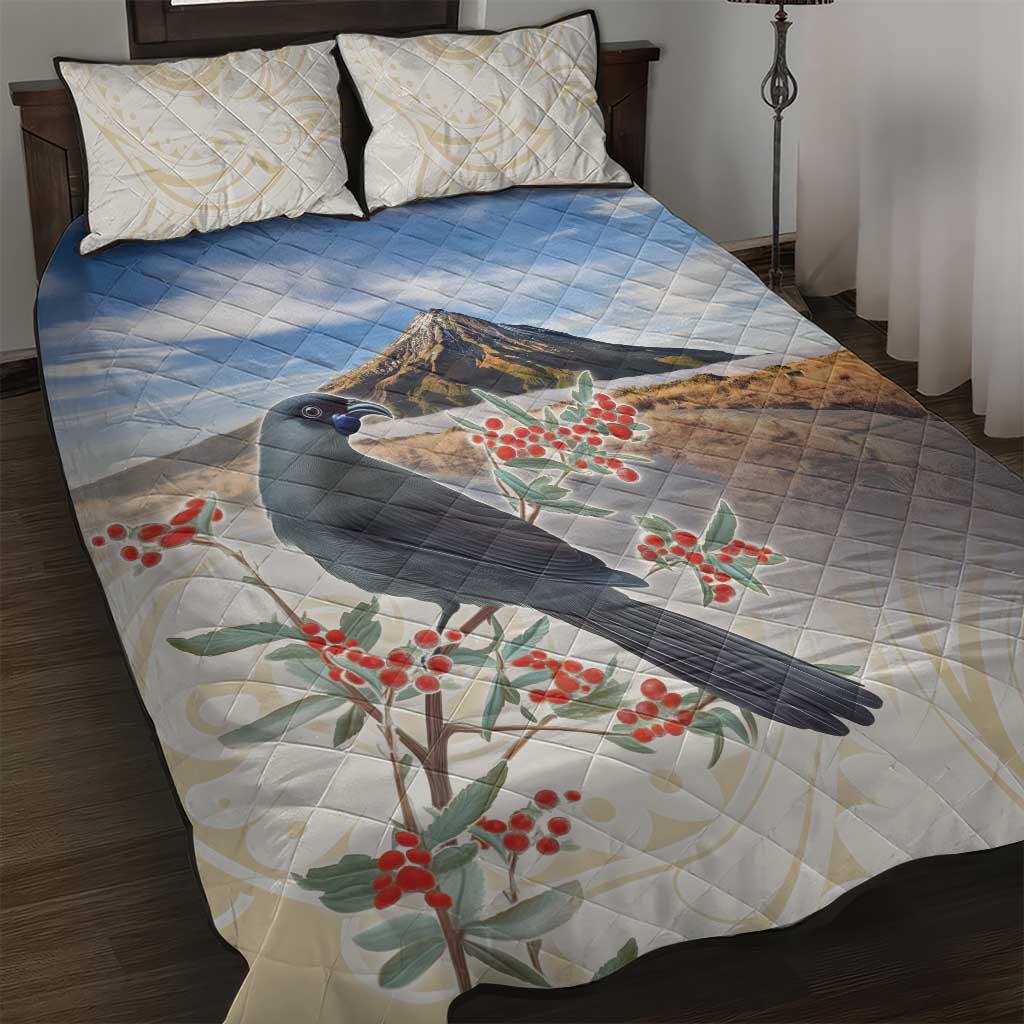 New Zealand Mount Taranaki Landscape Quilt Bed Set Kokako Bird Polynesian Style LT05 Blue - Polynesian Pride