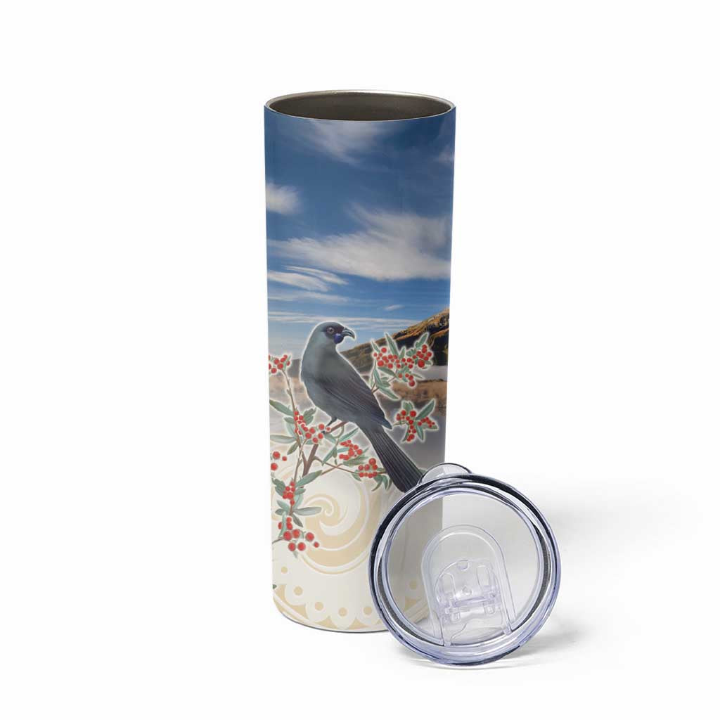New Zealand Mount Taranaki Landscape Skinny Tumbler Kokako Bird Polynesian Style LT05 - Polynesian Pride