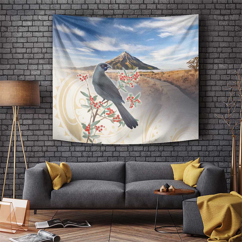 New Zealand Mount Taranaki Landscape Tapestry Kokako Bird Polynesian Style LT05 Blue - Polynesian Pride
