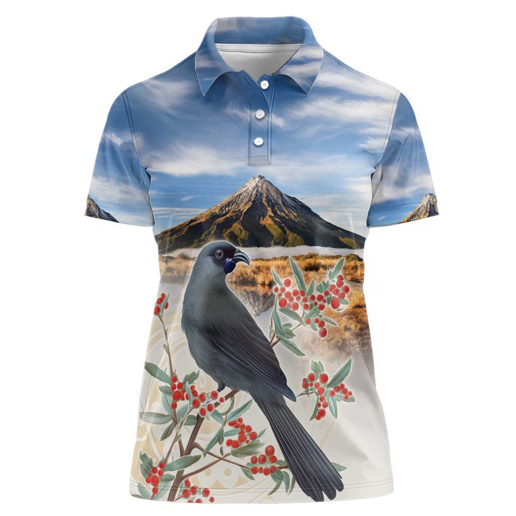 New Zealand Mount Taranaki Landscape Women Polo Shirt Kokako Bird Polynesian Style