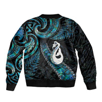 New Zealand Aotearoa Bomber Jacket Maori Manaia Paua Shell Glitter Turquoise