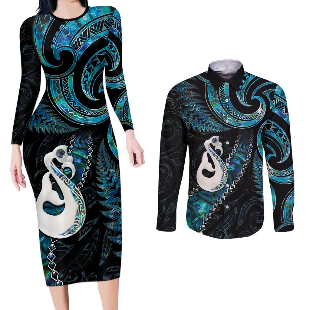 New Zealand Aotearoa Couples Matching Long Sleeve Bodycon Dress and Long Sleeve Button Shirt Maori Manaia Paua Shell Glitter Turquoise