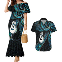 New Zealand Aotearoa Couples Matching Mermaid Dress and Hawaiian Shirt Maori Manaia Paua Shell Glitter Turquoise LT05 Turquoise - Polynesian Pride