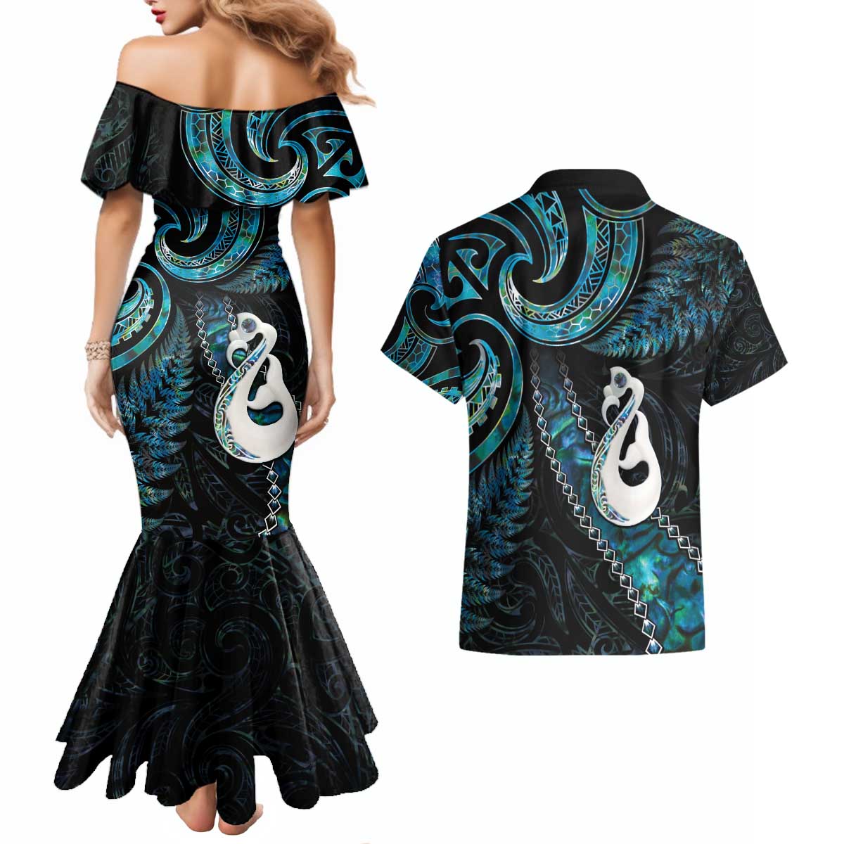 New Zealand Aotearoa Couples Matching Mermaid Dress and Hawaiian Shirt Maori Manaia Paua Shell Glitter Turquoise LT05 - Polynesian Pride