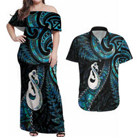 New Zealand Aotearoa Couples Matching Off Shoulder Maxi Dress and Hawaiian Shirt Maori Manaia Paua Shell Glitter Turquoise LT05 Turquoise - Polynesian Pride