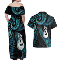 New Zealand Aotearoa Couples Matching Off Shoulder Maxi Dress and Hawaiian Shirt Maori Manaia Paua Shell Glitter Turquoise LT05 - Polynesian Pride
