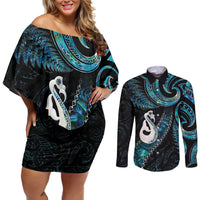 New Zealand Aotearoa Couples Matching Off Shoulder Short Dress and Long Sleeve Button Shirt Maori Manaia Paua Shell Glitter Turquoise