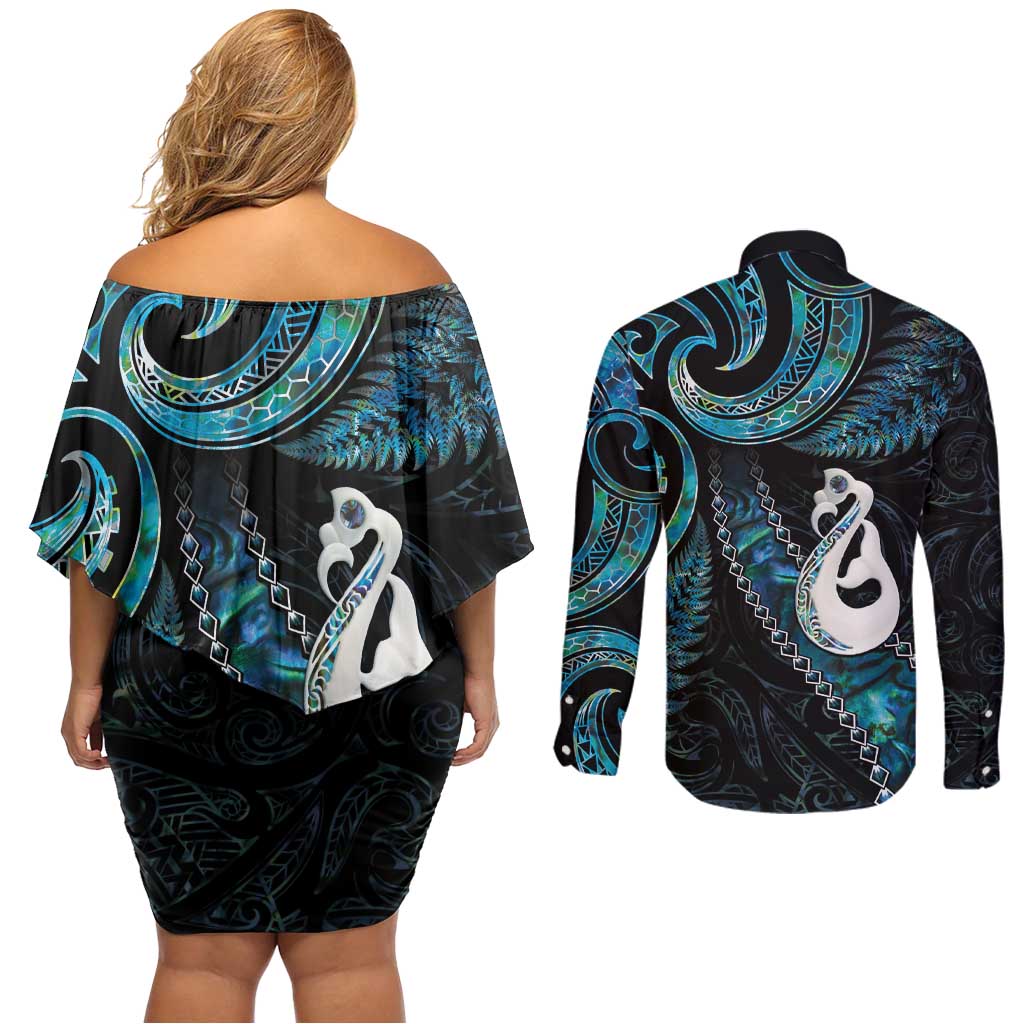 New Zealand Aotearoa Couples Matching Off Shoulder Short Dress and Long Sleeve Button Shirt Maori Manaia Paua Shell Glitter Turquoise