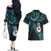New Zealand Aotearoa Couples Matching Off The Shoulder Long Sleeve Dress and Hawaiian Shirt Maori Manaia Paua Shell Glitter Turquoise