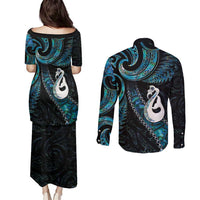 New Zealand Aotearoa Couples Matching Puletasi and Long Sleeve Button Shirt Maori Manaia Paua Shell Glitter Turquoise
