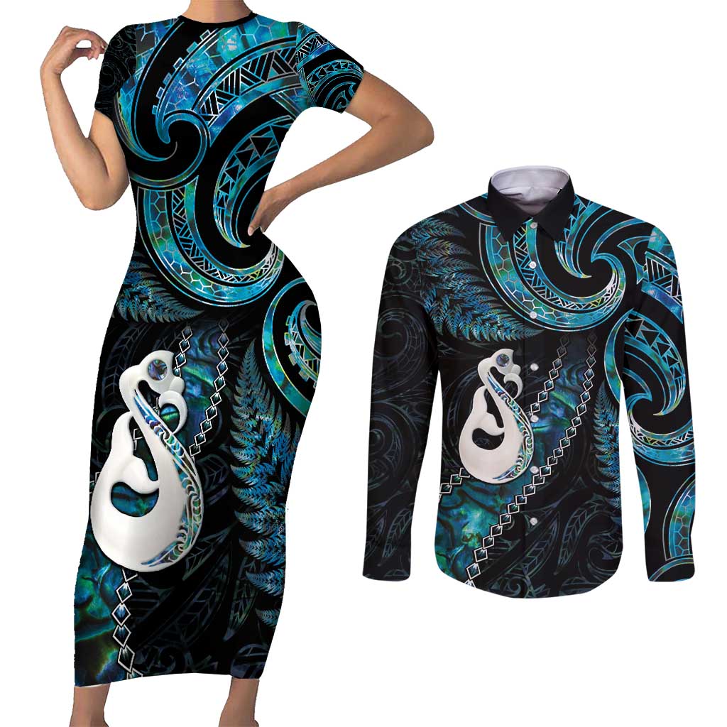 New Zealand Aotearoa Couples Matching Short Sleeve Bodycon Dress and Long Sleeve Button Shirt Maori Manaia Paua Shell Glitter Turquoise