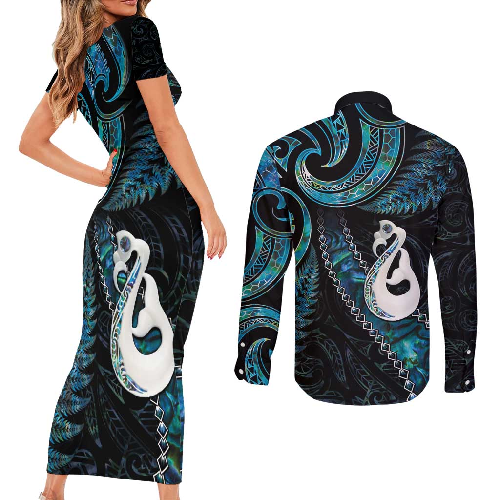 New Zealand Aotearoa Couples Matching Short Sleeve Bodycon Dress and Long Sleeve Button Shirt Maori Manaia Paua Shell Glitter Turquoise