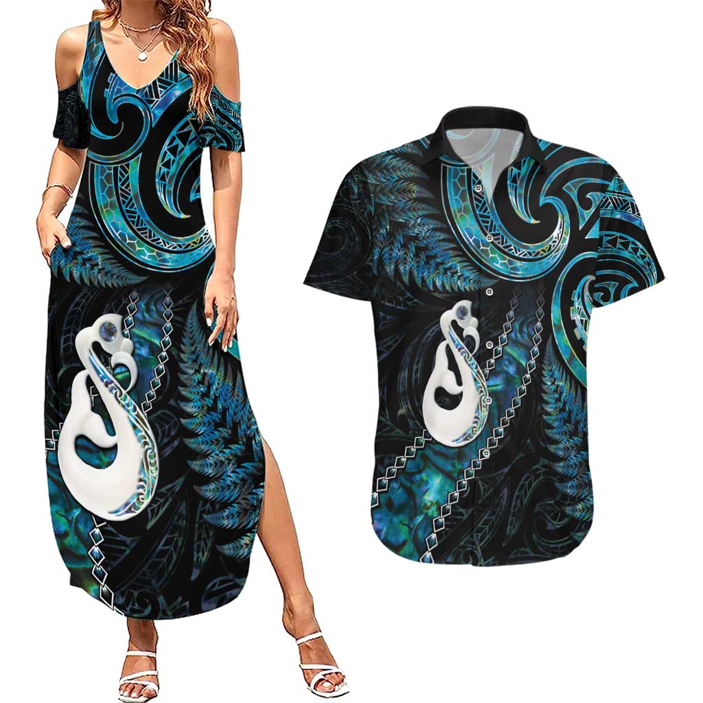 New Zealand Aotearoa Couples Matching Summer Maxi Dress and Hawaiian Shirt Maori Manaia Paua Shell Glitter Turquoise