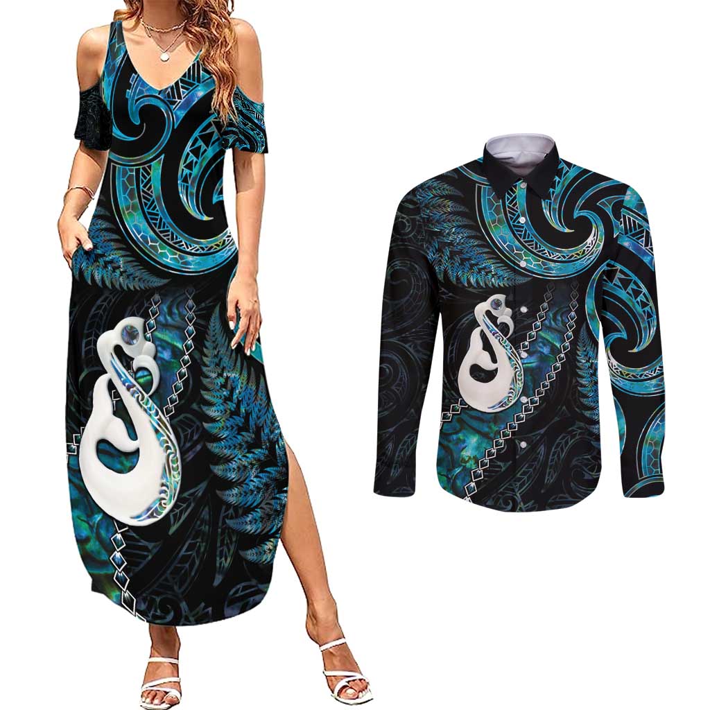 New Zealand Aotearoa Couples Matching Summer Maxi Dress and Long Sleeve Button Shirt Maori Manaia Paua Shell Glitter Turquoise