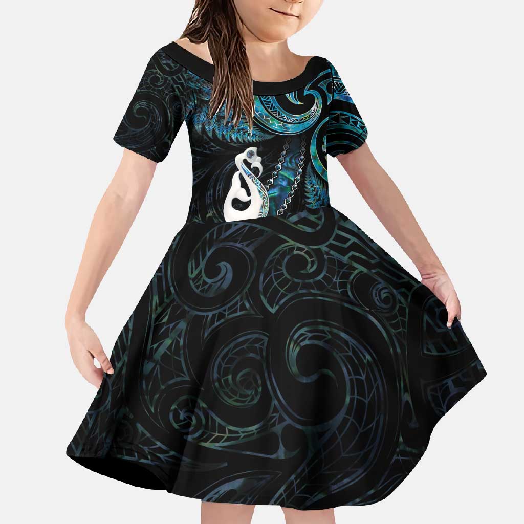 New Zealand Aotearoa Family Matching Long Sleeve Bodycon Dress and Hawaiian Shirt Maori Manaia Paua Shell Glitter Turquoise LT05 Daughter's Dress Turquoise - Polynesian Pride
