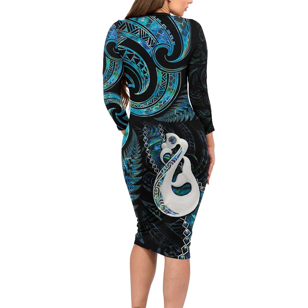 New Zealand Aotearoa Family Matching Long Sleeve Bodycon Dress and Hawaiian Shirt Maori Manaia Paua Shell Glitter Turquoise LT05 - Polynesian Pride