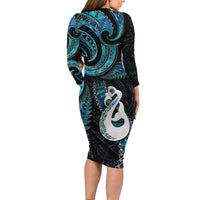 New Zealand Aotearoa Family Matching Long Sleeve Bodycon Dress and Hawaiian Shirt Maori Manaia Paua Shell Glitter Turquoise LT05 - Polynesian Pride