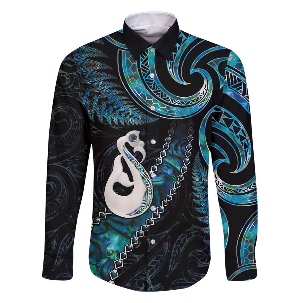 New Zealand Aotearoa Family Matching Mermaid Dress and Hawaiian Shirt Maori Manaia Paua Shell Glitter Turquoise LT05 Dad's Shirt - Long Sleeve Turquoise - Polynesian Pride