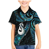 New Zealand Aotearoa Family Matching Mermaid Dress and Hawaiian Shirt Maori Manaia Paua Shell Glitter Turquoise LT05 Son's Shirt Turquoise - Polynesian Pride