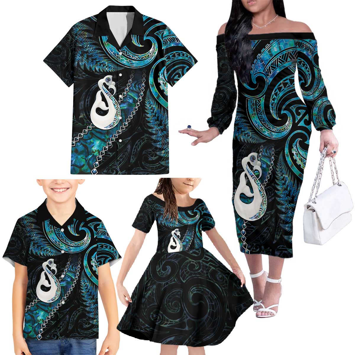 New Zealand Aotearoa Family Matching Off The Shoulder Long Sleeve Dress and Hawaiian Shirt Maori Manaia Paua Shell Glitter Turquoise LT05 - Polynesian Pride