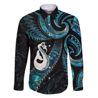 New Zealand Aotearoa Family Matching Off The Shoulder Long Sleeve Dress and Hawaiian Shirt Maori Manaia Paua Shell Glitter Turquoise LT05 Dad's Shirt - Long Sleeve Turquoise - Polynesian Pride