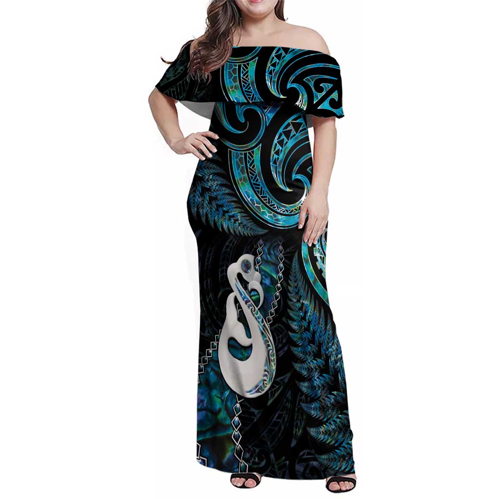 New Zealand Aotearoa Family Matching Off Shoulder Maxi Dress and Hawaiian Shirt Maori Manaia Paua Shell Glitter Turquoise LT05 Mom's Dress Turquoise - Polynesian Pride