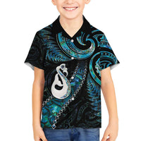 New Zealand Aotearoa Family Matching Off Shoulder Maxi Dress and Hawaiian Shirt Maori Manaia Paua Shell Glitter Turquoise LT05 Son's Shirt Turquoise - Polynesian Pride