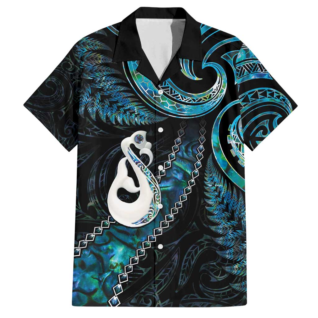 New Zealand Aotearoa Family Matching Off Shoulder Short Dress and Hawaiian Shirt Maori Manaia Paua Shell Glitter Turquoise LT05 Dad's Shirt - Short Sleeve Turquoise - Polynesian Pride