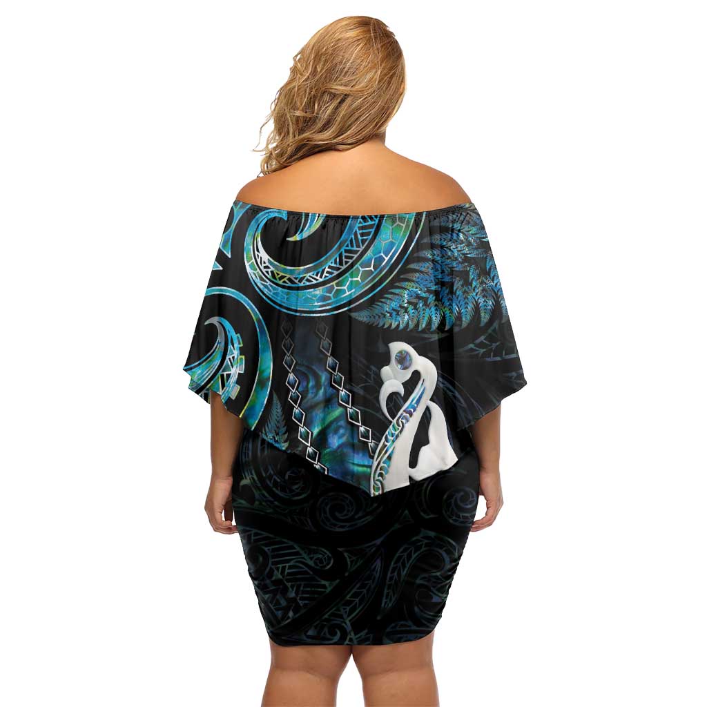 New Zealand Aotearoa Family Matching Off Shoulder Short Dress and Hawaiian Shirt Maori Manaia Paua Shell Glitter Turquoise LT05 - Polynesian Pride