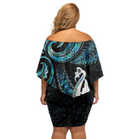 New Zealand Aotearoa Family Matching Off Shoulder Short Dress and Hawaiian Shirt Maori Manaia Paua Shell Glitter Turquoise LT05 - Polynesian Pride