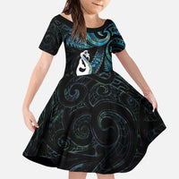 New Zealand Aotearoa Family Matching Puletasi and Hawaiian Shirt Maori Manaia Paua Shell Glitter Turquoise LT05 Daughter's Dress Turquoise - Polynesian Pride