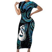New Zealand Aotearoa Family Matching Short Sleeve Bodycon Dress and Hawaiian Shirt Maori Manaia Paua Shell Glitter Turquoise LT05 Mom's Dress Turquoise - Polynesian Pride