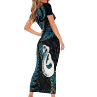 New Zealand Aotearoa Family Matching Short Sleeve Bodycon Dress and Hawaiian Shirt Maori Manaia Paua Shell Glitter Turquoise LT05 - Polynesian Pride