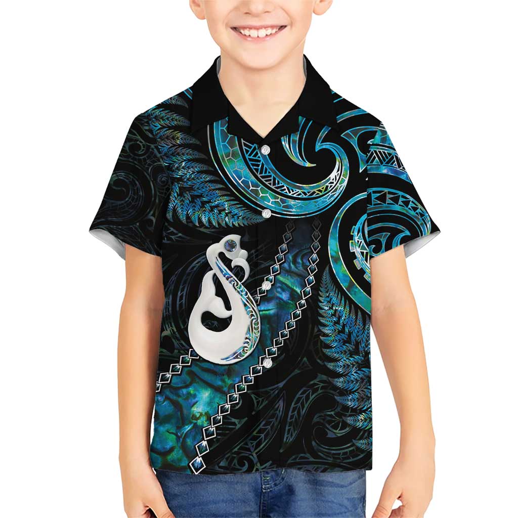 New Zealand Aotearoa Family Matching Short Sleeve Bodycon Dress and Hawaiian Shirt Maori Manaia Paua Shell Glitter Turquoise LT05 Son's Shirt Turquoise - Polynesian Pride
