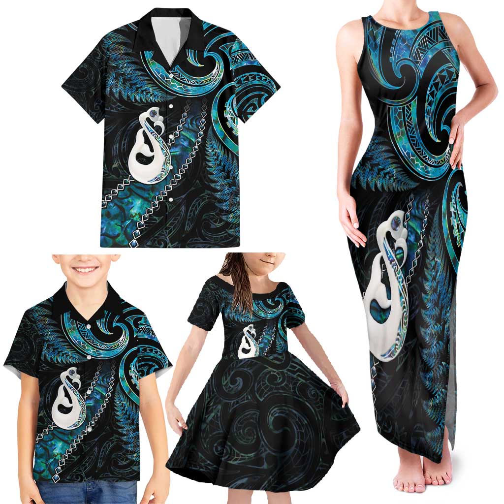 New Zealand Aotearoa Family Matching Tank Maxi Dress and Hawaiian Shirt Maori Manaia Paua Shell Glitter Turquoise LT05 - Polynesian Pride