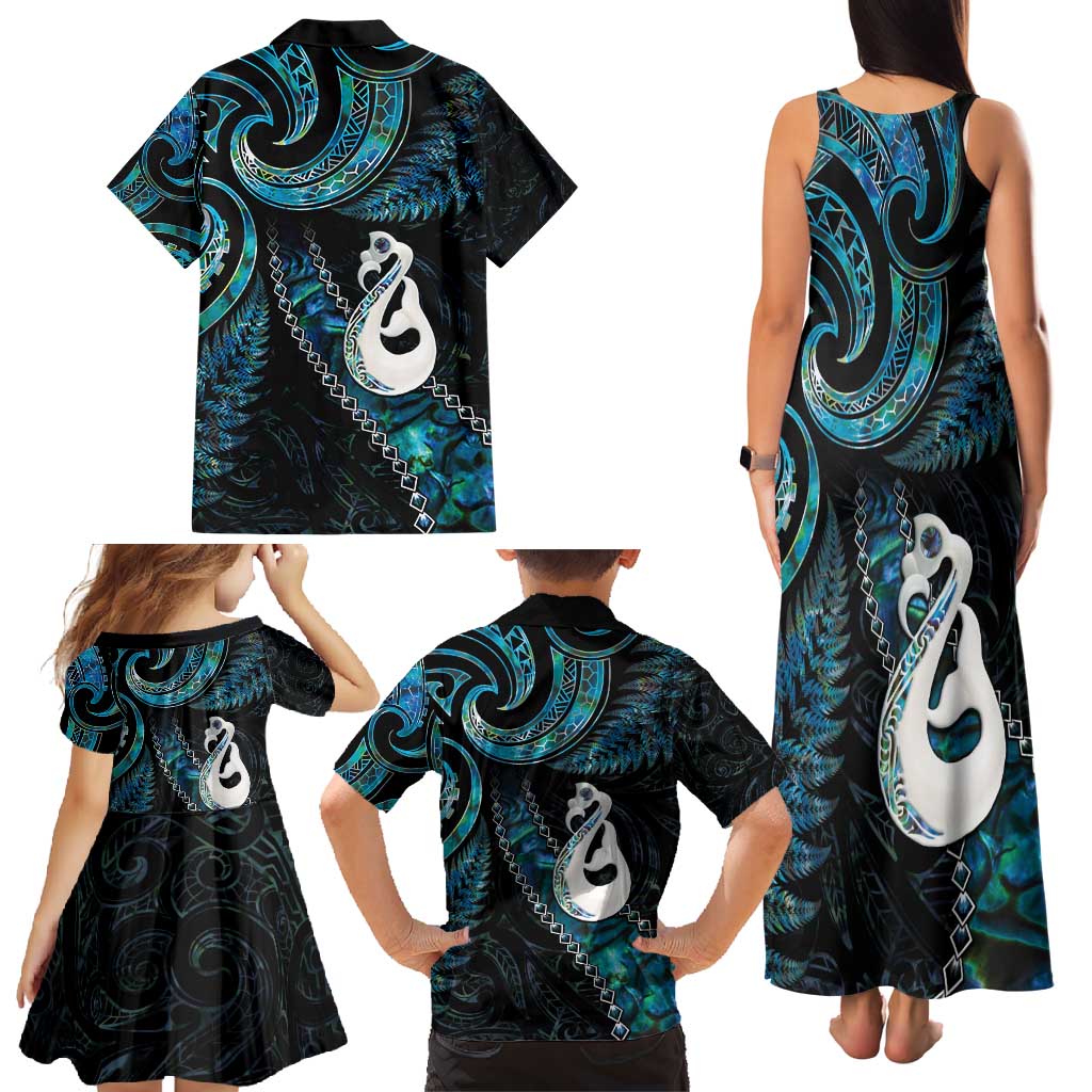 New Zealand Aotearoa Family Matching Tank Maxi Dress and Hawaiian Shirt Maori Manaia Paua Shell Glitter Turquoise LT05 - Polynesian Pride