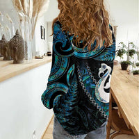 New Zealand Aotearoa Women Casual Shirt Maori Manaia Paua Shell Glitter Turquoise