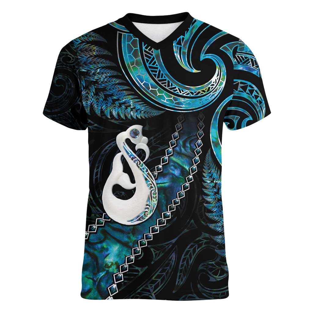New Zealand Aotearoa Women V-Neck T-Shirt Maori Manaia Paua Shell Glitter Turquoise