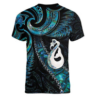 New Zealand Aotearoa Women V-Neck T-Shirt Maori Manaia Paua Shell Glitter Turquoise