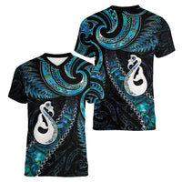 New Zealand Aotearoa Women V-Neck T-Shirt Maori Manaia Paua Shell Glitter Turquoise