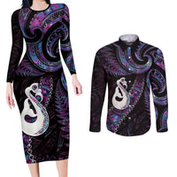 New Zealand Aotearoa Couples Matching Long Sleeve Bodycon Dress and Long Sleeve Button Shirt Maori Manaia Paua Shell Glitter Purple