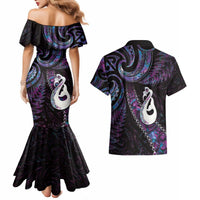 New Zealand Aotearoa Couples Matching Mermaid Dress and Hawaiian Shirt Maori Manaia Paua Shell Glitter Purple LT05 - Polynesian Pride