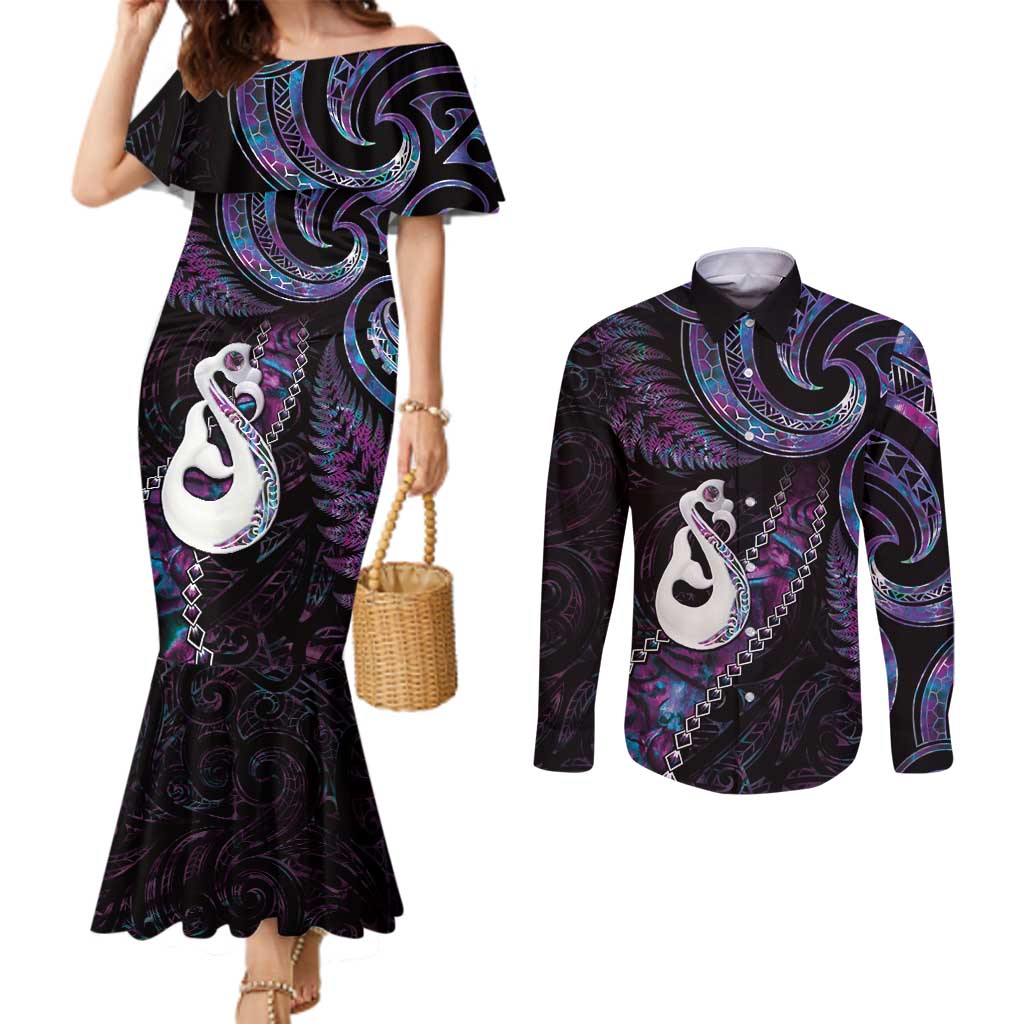 New Zealand Aotearoa Couples Matching Mermaid Dress and Long Sleeve Button Shirt Maori Manaia Paua Shell Glitter Purple