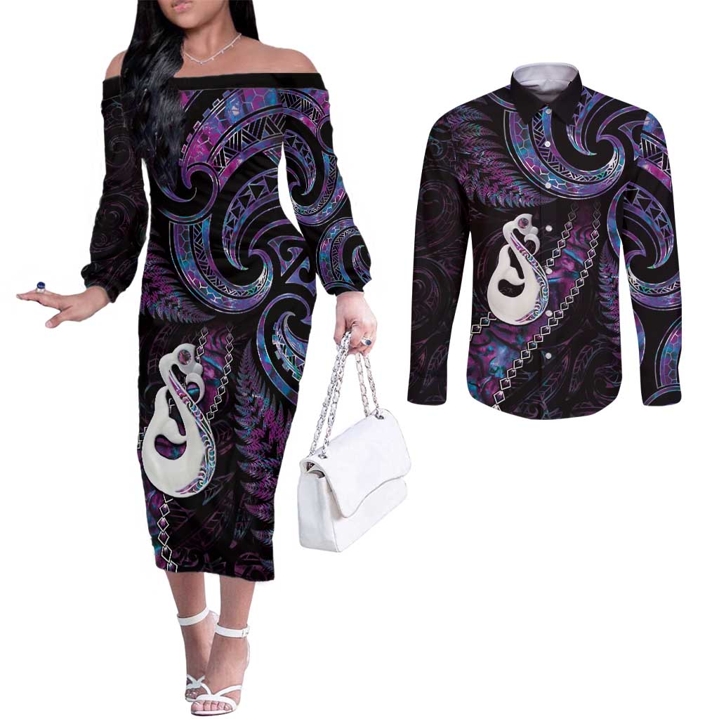 New Zealand Aotearoa Couples Matching Off The Shoulder Long Sleeve Dress and Long Sleeve Button Shirt Maori Manaia Paua Shell Glitter Purple